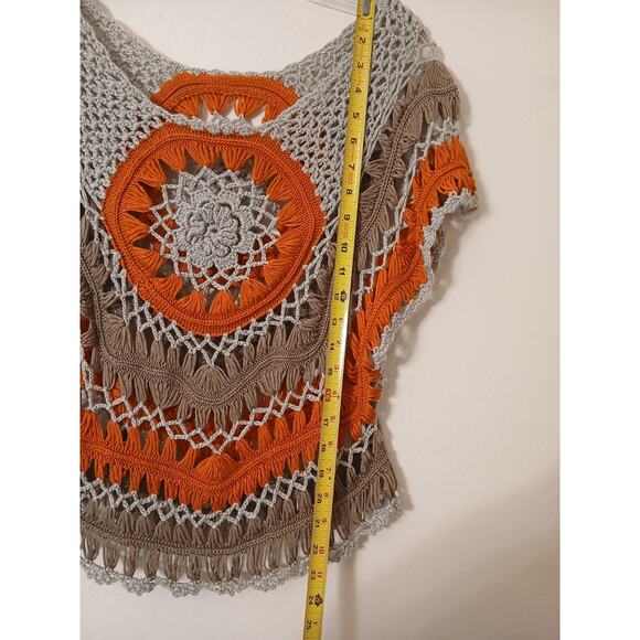 Vntg 90s Crochet Top Hairpin Lace Overlay Sweater Sz M Gray Orange Hippie Gypsy - Picture 13 of 15